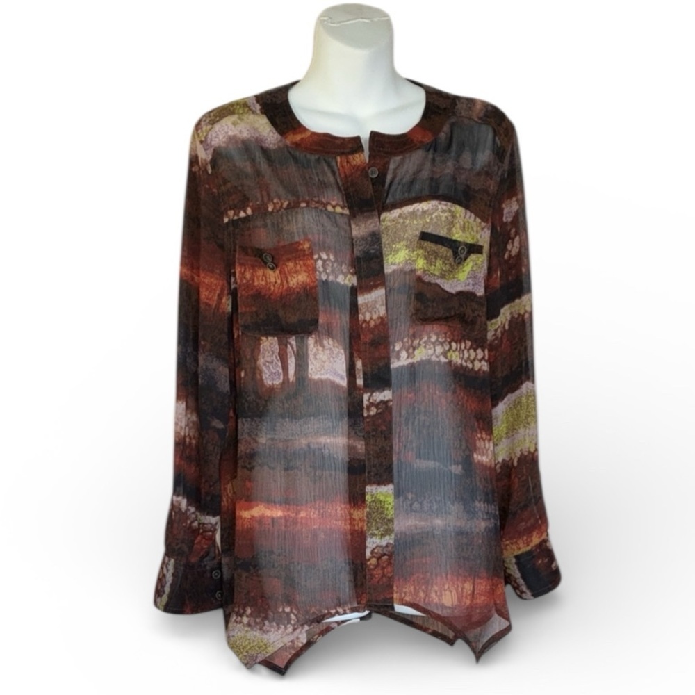 Democracy Blouse, Women's M, Great fall Colors, Button Front, Sheer. EUC